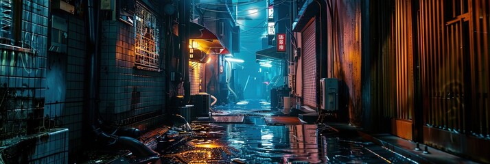Futuristic cyberpunk alleyway with blue glow in the city