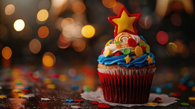 Superhero themed birthday cupcake with a festive cake topper