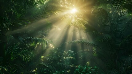 Dark rainforest, sun rays through the trees, rich jungle greenery.