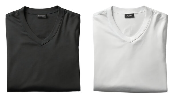 Two folded v-neck t-shirts, one black and one white, on a white background.