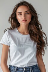 Fototapeta premium White tshirt mockup on woman model created with Generative AI