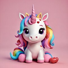 Cartoon colourful kawaii 3d rendered sitting unicorn on pink background for Valentine's Day