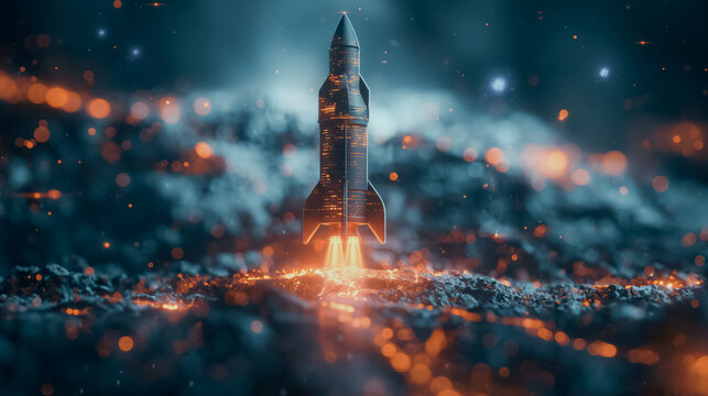 a rocket soaring, bitcoin graph rising, and growing lines representing financial success.