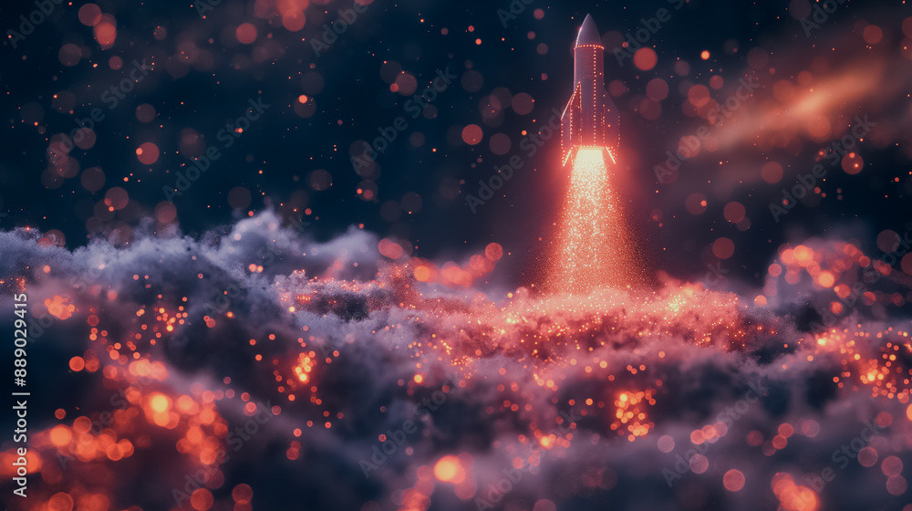 Poster rocket flying with a bitcoin graph and growing lines, ai generative illustration showing financial g