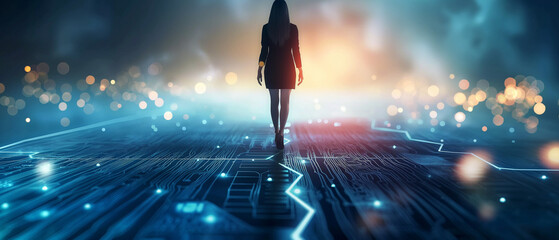 businesswoman walking path of digital footprints towards success and career growth.