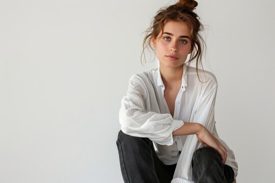 European woman sitting on a stool looking relaxed   258 woman, beauty, business, smiling, hair, smile, face, person, fashion, businesswoman, model, shirt, lady, people, studio, one, brunette, elegant 