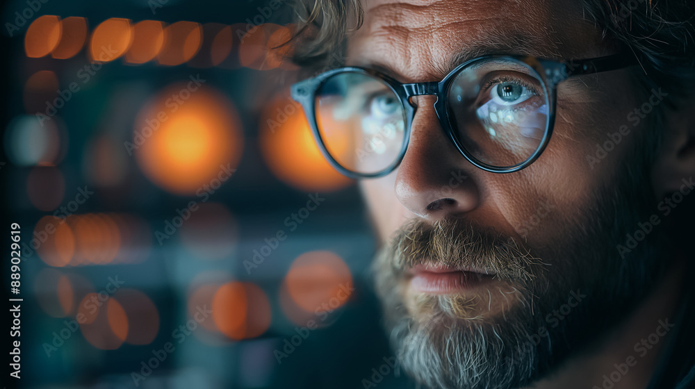 Poster bullish trader using a computer, representing strong stock market and crypto currency trends, blurre