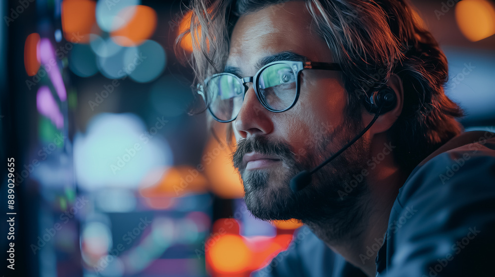 Poster bullish trader using a computer, representing strong stock market and crypto currency trends, blurre