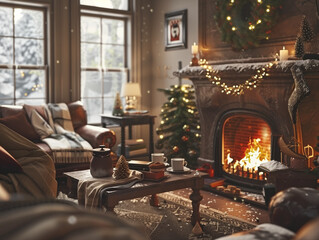 Fototapeta premium A cozy living room with a fireplace and a family enjoying hot cocoa