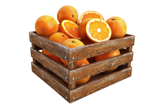 Orange fruit in wooden crate isolated on transparent background