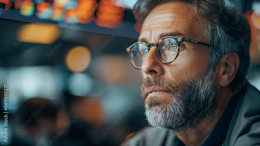 Poster dynamic trading floor scene with stock traders gesturing and shouting, reflecting intense market con