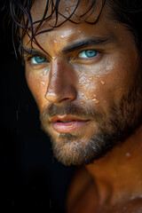 Obraz premium Muscular man with intense gaze and tousled hair.