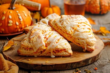 Glazed Pumpkin Scones on a Wooden Cutting Board With Autumn Decorations