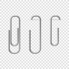 Vector realistic silver metal paper clip isolated on transparent background.