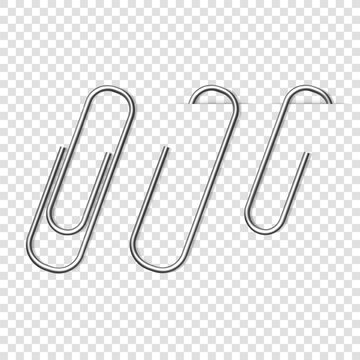 Vector realistic silver metal paper clip isolated on transparent background.