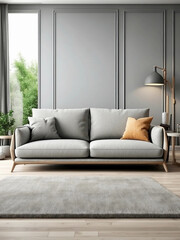 Modern grey sofa in living room on white background. 3d rendering, Ai generative