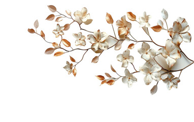 A close-up of a metal branch with white flowers and golden leaves