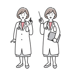 指を指して説明をする女医の全身イラスト素材のセット