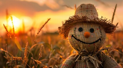 Fototapeta premium In a wheat field, a cheerful scarecrow basks in the suns warm light, creating a serene rural scene. Helloween concept