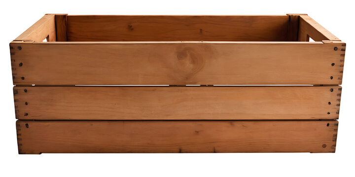 An empty wooden crate with a light brown, natural finish and visible nail heads, set against a white background. Ideal for showcasing products, storage, or rustic home decor themes.