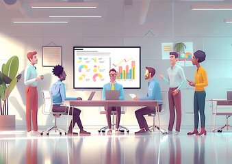 Diverse office meeting, professionals talking in front of TV with statistics and charts, 3D vector render