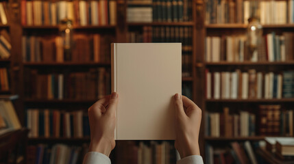 A close-up view of a blank book cover mockup in the hands of a person, with library bookshelves and a study area in the background.