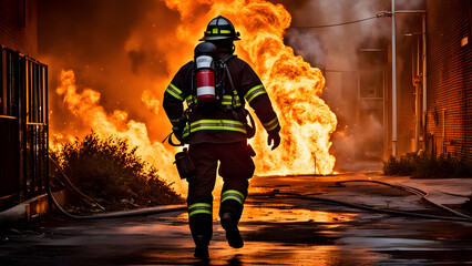 A firefighter in protective gear is running towards an intense blaze, surrounded by smoke and flying sparks. The scene captures the urgency and danger of firefighting in an urban environment. ai