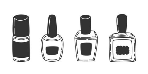Obraz premium Beauty cosmetics vector set. Nail polish bottles vector illustration iblack and white in doodle style