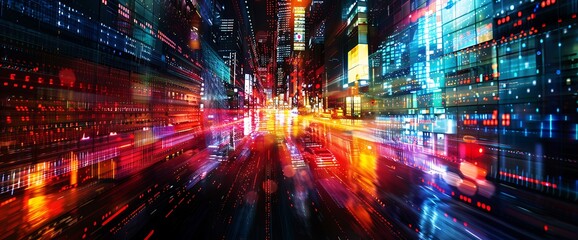 Abstract composition illuminated with mesmerizing lights, capturing the essence of stocks, marketing, and technology in contemporary society.