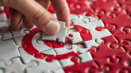 The final piece of a business vision puzzle being placed, with a completed image of the company logo and mission statement in the center.