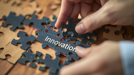 Obraz premium Close-up of hands fitting a puzzle piece labeled 