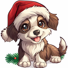 Cute santa dogs with christmas hat on white background, illustration generated ai