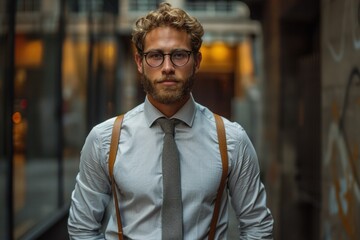 Obraz premium Confident man with beard wearing glasses and suspenders outside.