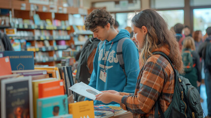A blank flyer mockup being distributed near a campus bookstore, with students browsing books and a display of college merchandise in the background.