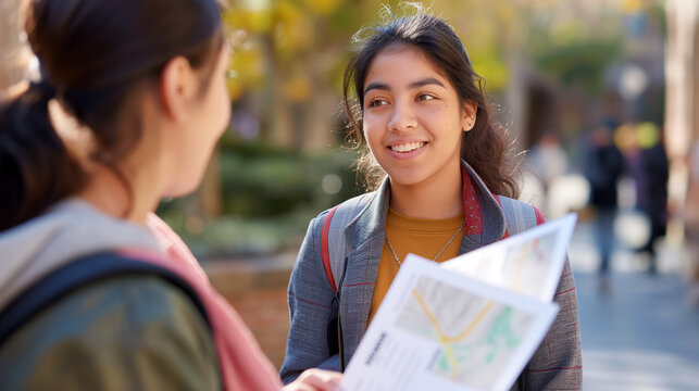 A blank flyer mockup being given to a student standing in front of a campus map, with buildings and pathways visible in the background, highlighting the navigational aspect of coll