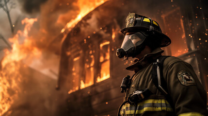 Obraz premium A firefighter in full protective gear stands resolutely in front of a burning building, flames and smoke billowing into the night sky.