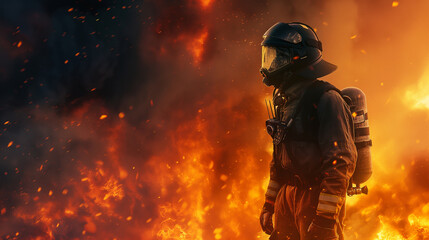 Fototapeta premium A firefighter, clad in protective gear, stands vigilant in front of a towering inferno, the heat and light creating a dramatic scene.