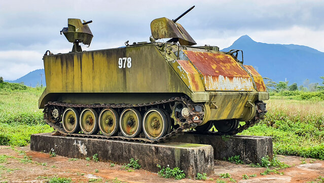 Quang Tri, Vietnam - March 21, 2021 : M113 Armoured Personnel Carrier (APC) In Ta Con Airport Relics (Also Called Khe Sanh Combat Base).