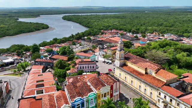 Medieval Buildings At Joao Pessoa Paraiba Brazil. Aerial View Of A High-Rise Buildings And Traffic Showcasing Urban Life. Town Sky Clouds Backgrounds Urban. Town Outdoors Panoramic City.
