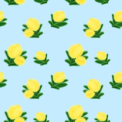 seamless pattern with yellow tulip blue background