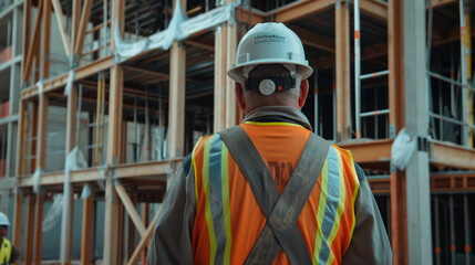 A construction worker in full gear stands amidst the framework of a new building, the safety vest and hardhat marking them as a key figure in the project.