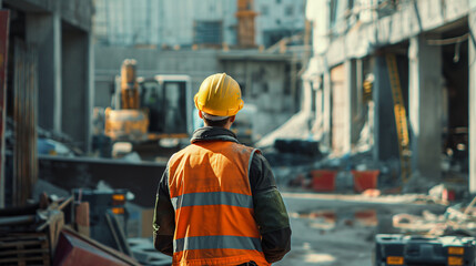 In the heart of construction activity, a worker in a hardhat and safety vest stands firm, with piles of materials and equipment all around.