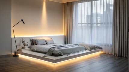 A cozy bedroom with a white platform bed