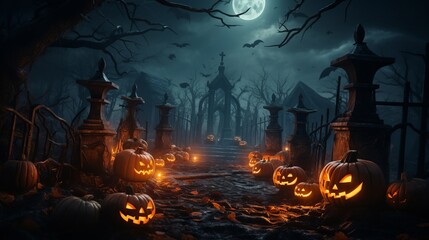 Fototapeta premium Halloween horizontal background. A spooky cemetery transforms into a magical scene at midnight, with pumpkins and lanterns glowing in the darkness, creating a fiery event.