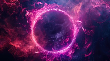 Obraz premium Abstract neon ring frame with glowing fire and smoke, blue pink light effect on black background
