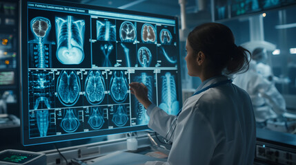 In a state-of-the-art hospital, a doctor examines detailed x-ray images on a sleek digital screen, with medical equipment and patient files neatly arranged around.