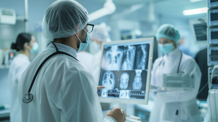 Obraz premium A doctor stands in a bright hospital room, their attention focused on x-ray results displayed on a modern screen, with other medical personnel consulting nearby.