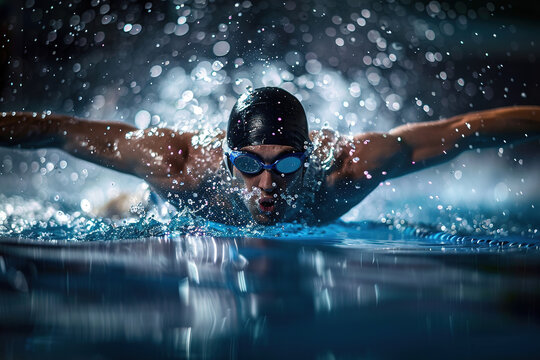 Competitive swimmer executing butterfly stroke in pool