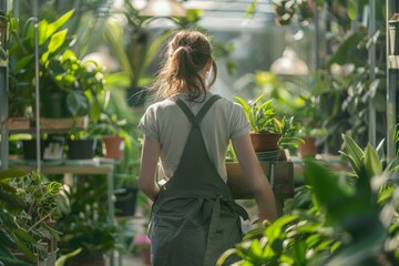 Woman walking in a greenhouse carrying potted plants, highlighting sustainable gardening
