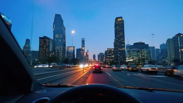 Driving Into The City At Dusk